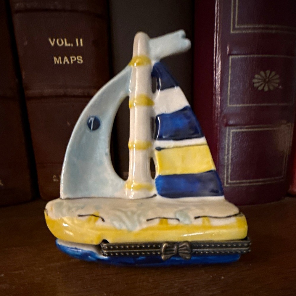 Vintage Porcelain Sailboat Hinged Trinket Box - Blue & Yellow Nautical Keepsake